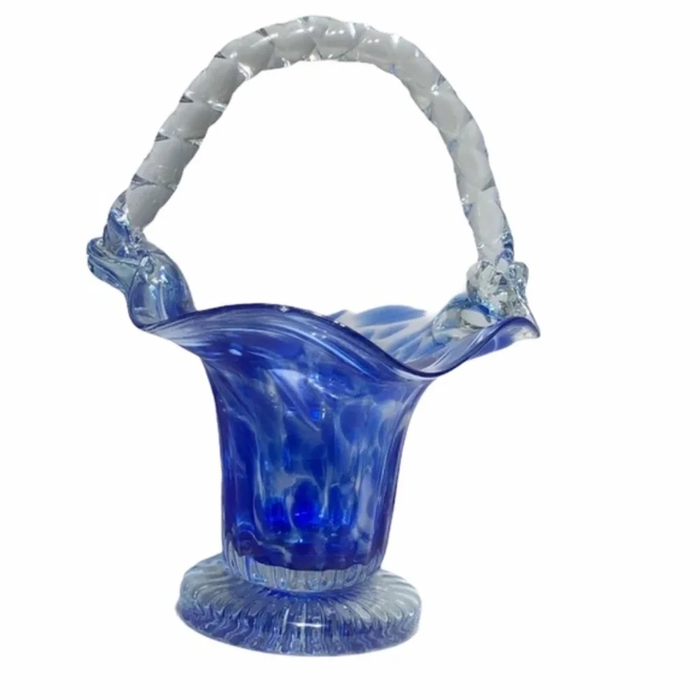 BLUE & CLEAR GLASS BASKET WITH RUFFLED WAVY EDGES